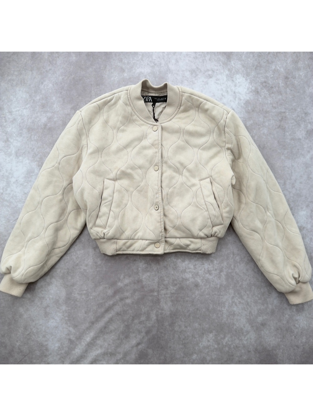 Zara Cream Quilted Faux Suede Cropped Bomber Jacket Size S